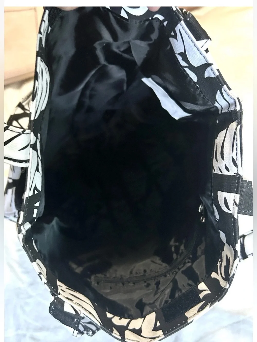 Woman Within Tropical Floral 100% Cotton Tote Black/White Button/Pleated Detail